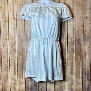 Off the shoulder blue & white striped short romper